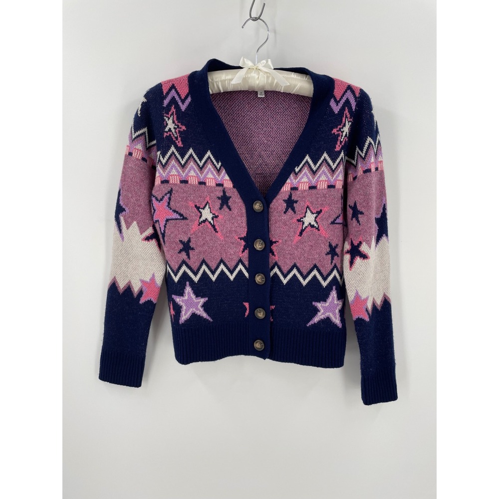 Johnny Was Shana Star Cardigan XS Pink Navy Wool Metallic Sweater M62222